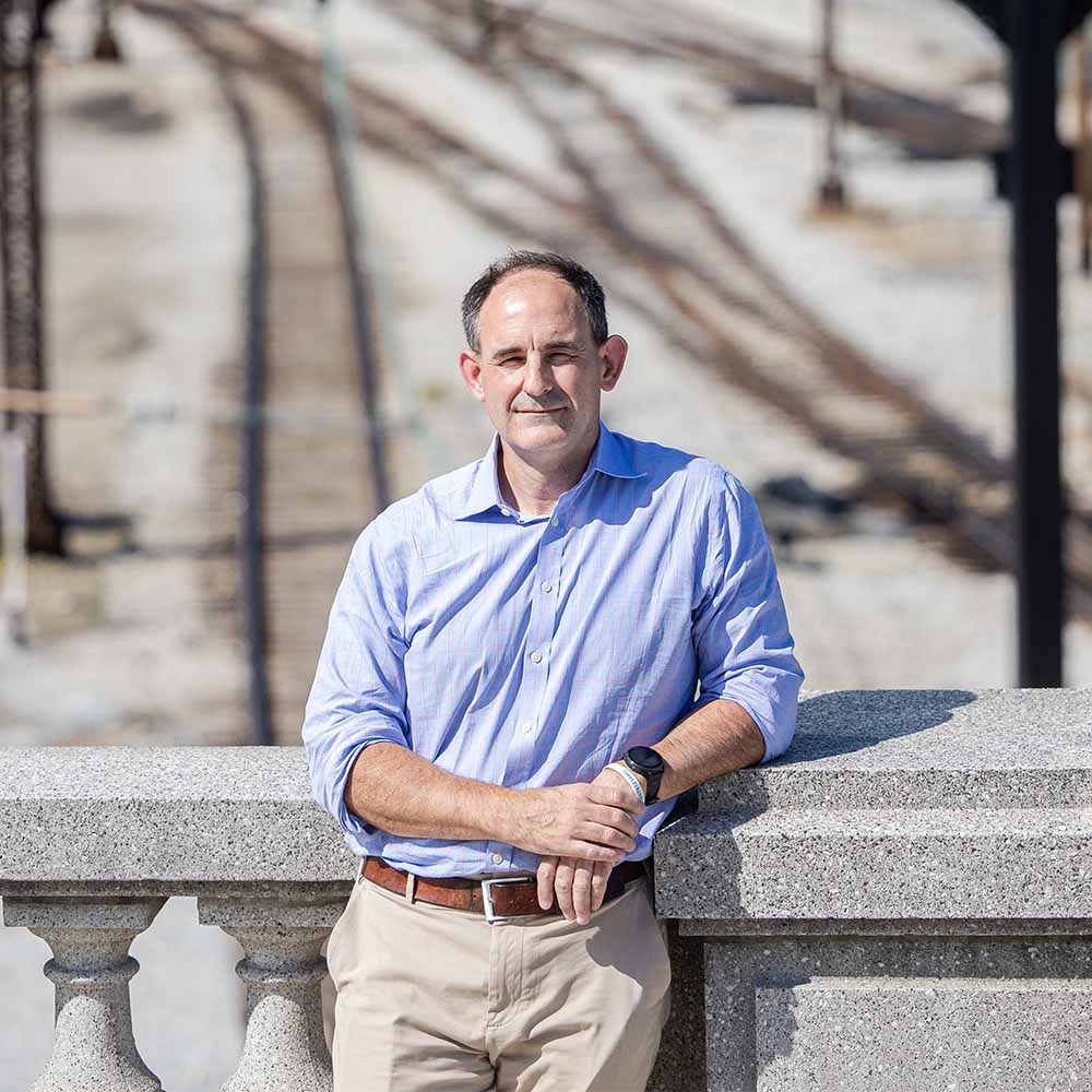 Mike Hewitt stands above a Chicago rail yard